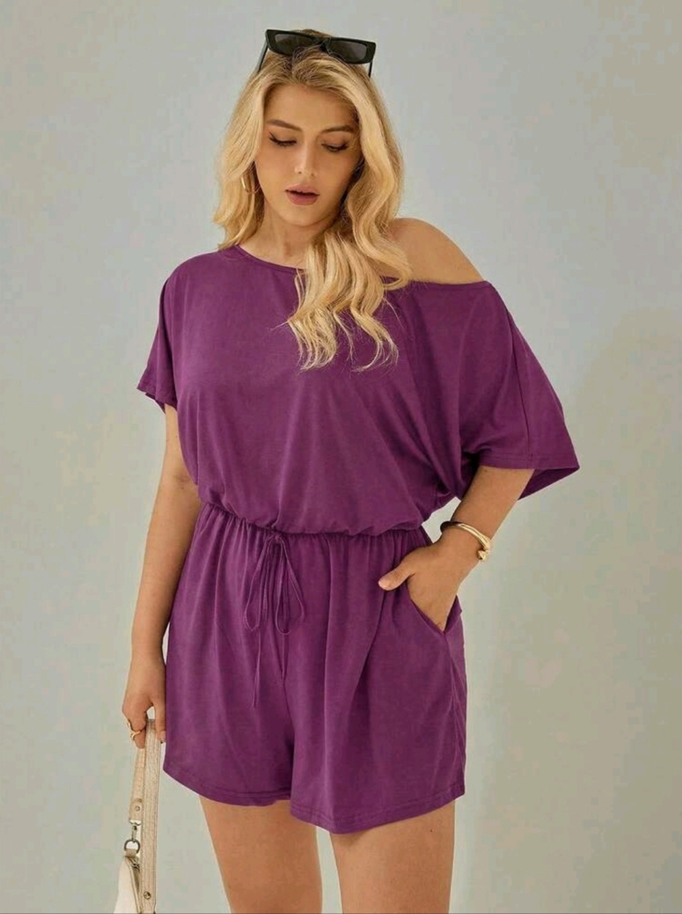 🩷Last One🩷 Purple Off-Shoulder Drawstring Romper With Pockets Size 18